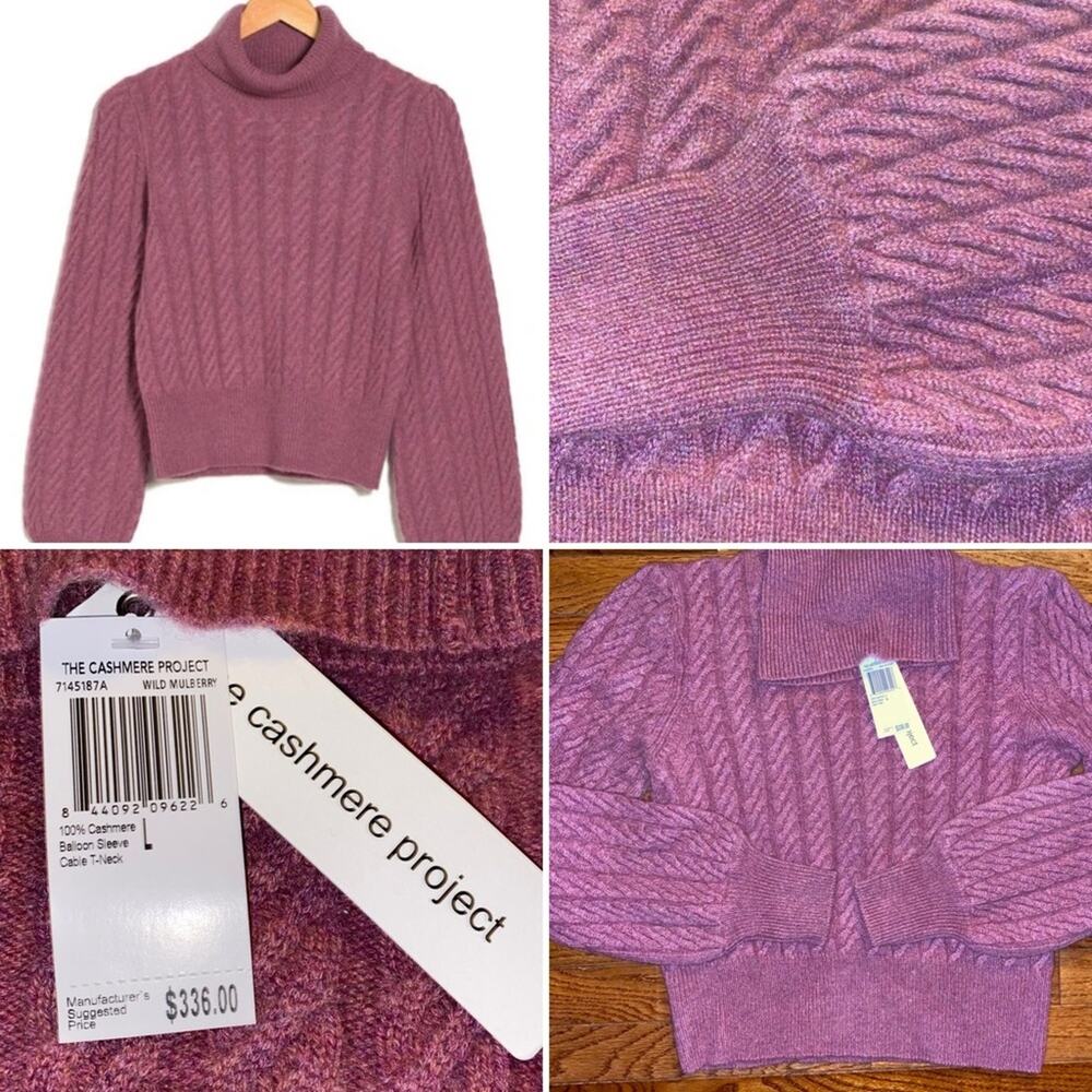 New The Cashmere Project $336 Cashmere Cable Knit Turtleneck Sweater MULBERRY
